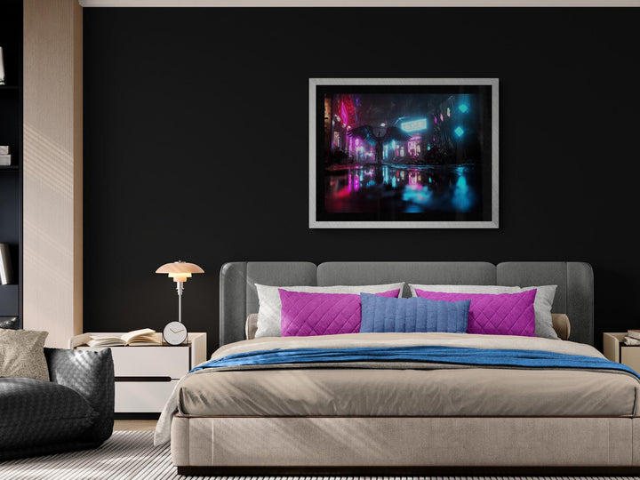 Cyberpunk angel poster in neon city rain—dark futuristic winged figure wall art for sci-fi, dreamcore, and weirdcore decor lovers.