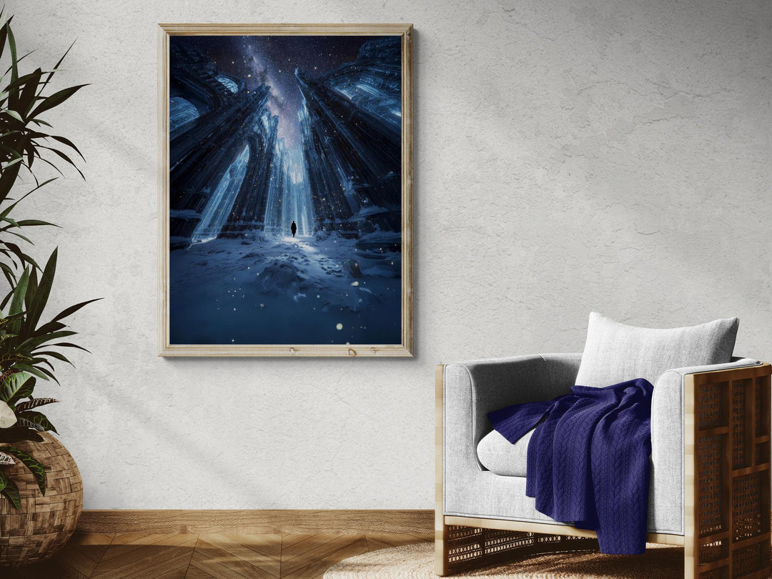 Frozen cathedral canvas with cosmic night sky—surreal winter wall art printed on gallery wrapped canvas, ready to hang.