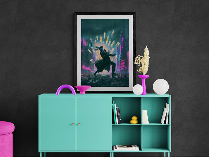 Cyberpunk rabbit poster with neon explosion—bold sci-fi wall art for dreamcore, weirdcore, and futuristic decor lovers.