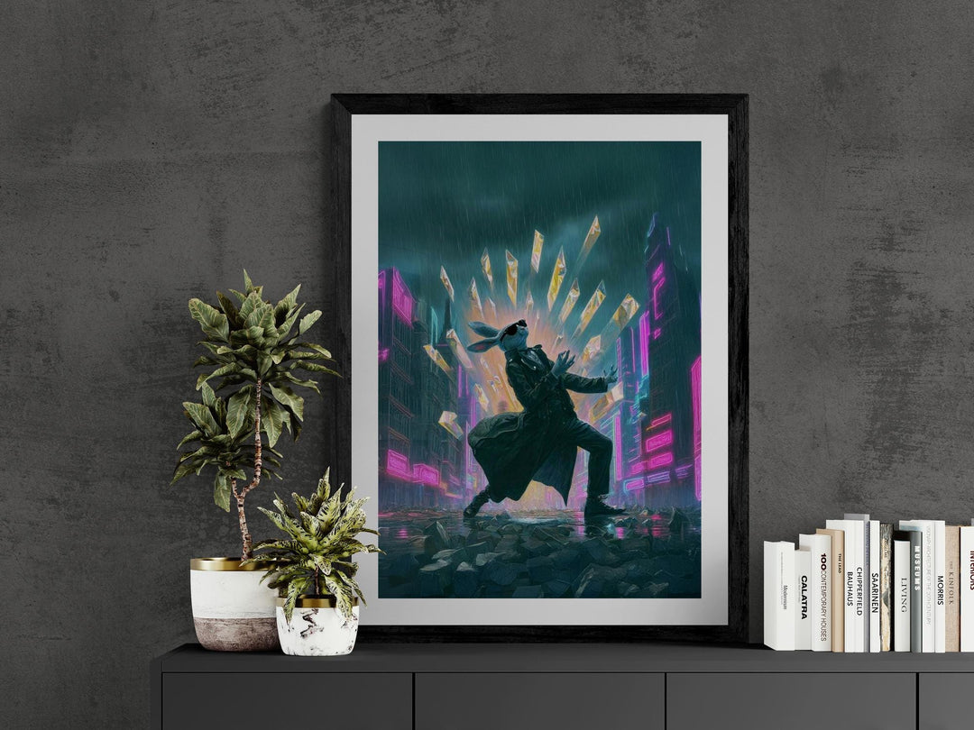 Cyberpunk rabbit poster with neon explosion—bold sci-fi wall art for dreamcore, weirdcore, and futuristic decor lovers.