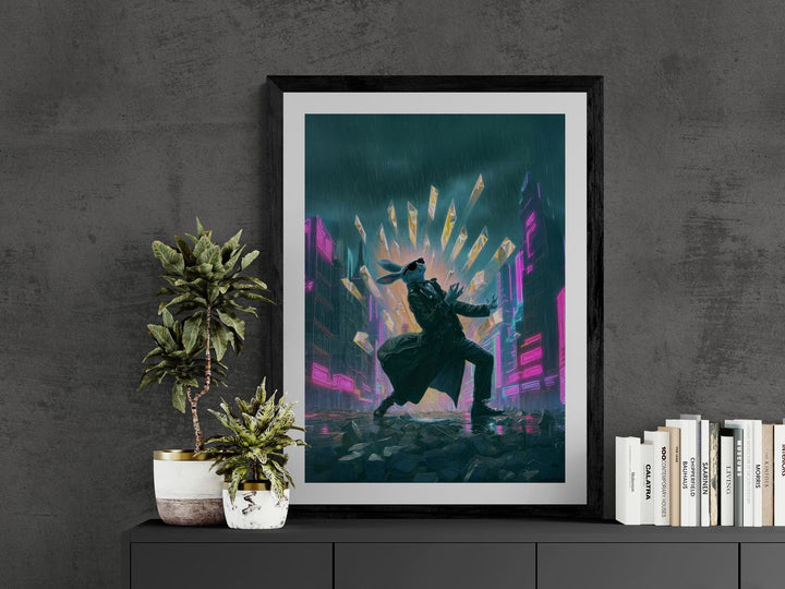 Cyberpunk rabbit poster with neon explosion—bold sci-fi wall art for dreamcore, weirdcore, and futuristic decor lovers.