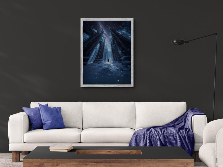 Frozen cathedral canvas with cosmic night sky—surreal winter wall art printed on gallery wrapped canvas, ready to hang.
