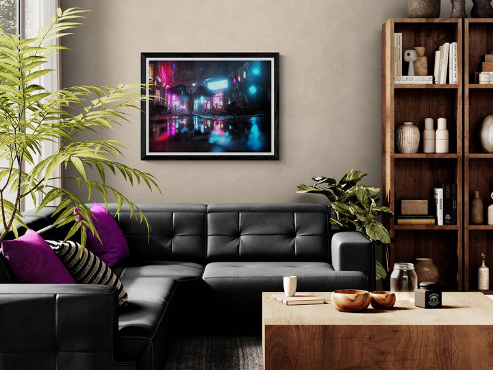 Cyberpunk angel poster in neon city rain—dark futuristic winged figure wall art for sci-fi, dreamcore, and weirdcore decor lovers.