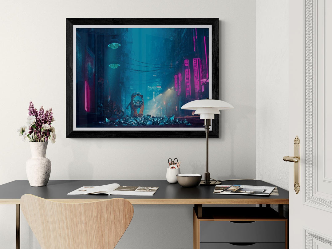 Cyberpunk tiger poster in neon alleyway – bold futuristic sci-fi wall art. Perfect for dreamcore, weirdcore, or neon city lovers.