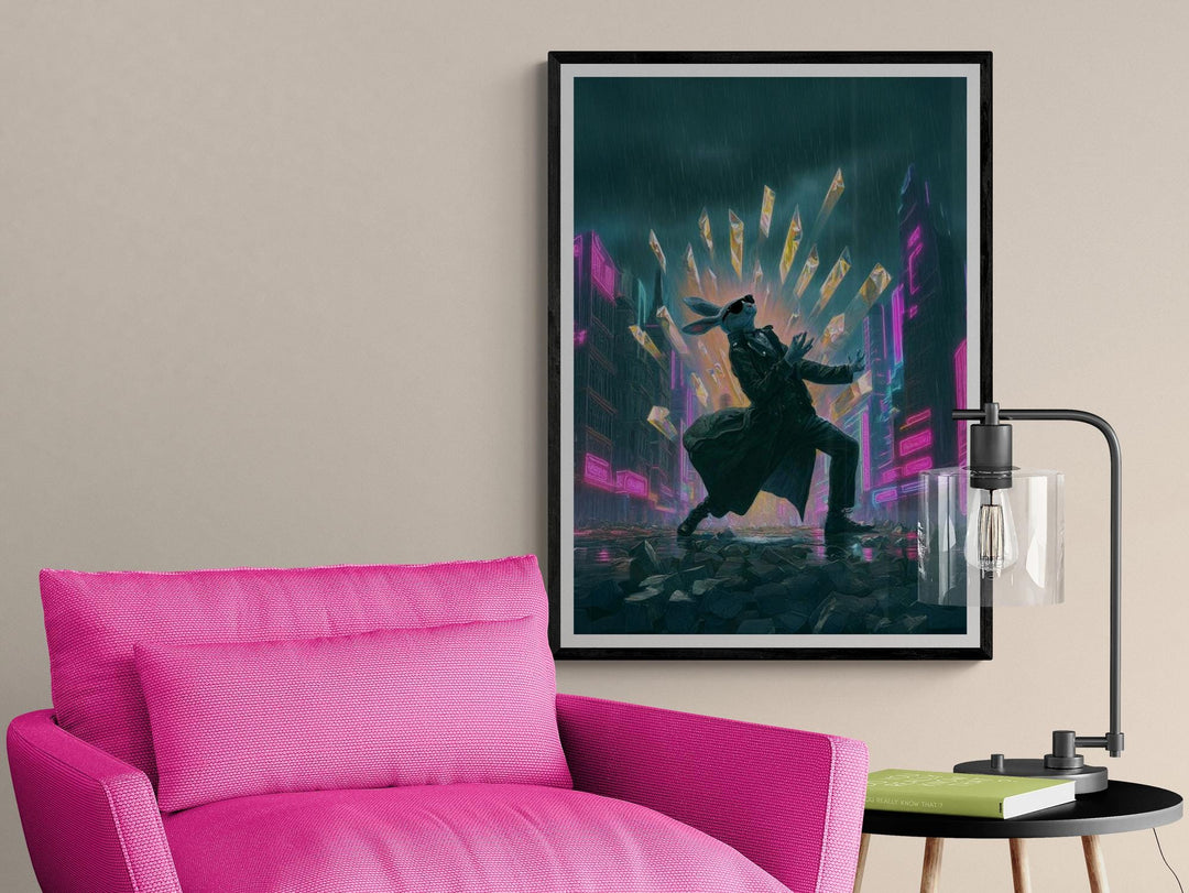 Cyberpunk rabbit poster with neon explosion—bold sci-fi wall art for dreamcore, weirdcore, and futuristic decor lovers.