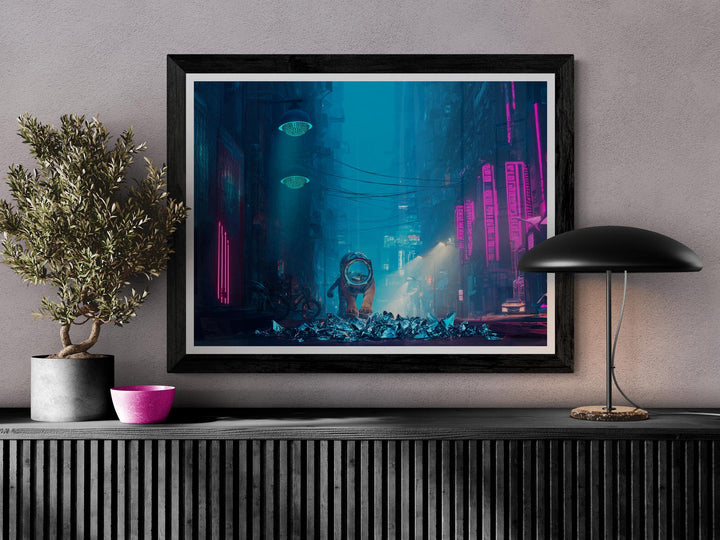 Cyberpunk tiger poster in neon alleyway – bold futuristic sci-fi wall art. Perfect for dreamcore, weirdcore, or neon city lovers.