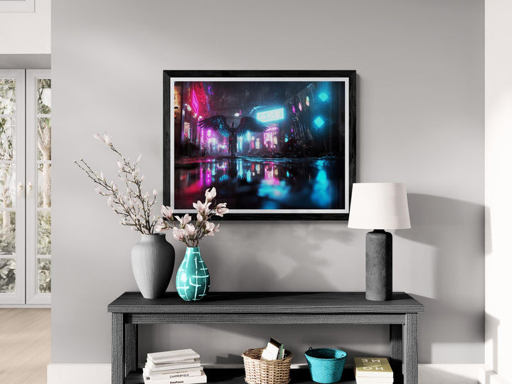 Cyberpunk angel poster in neon city rain—dark futuristic winged figure wall art for sci-fi, dreamcore, and weirdcore decor lovers.