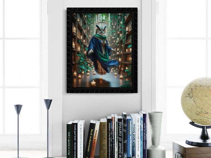 Mystical Owl canvas print of magical owl in robes floating amongst library shelves filled with burning candles.