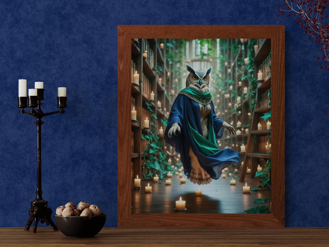 Mystical Owl canvas print of magical owl in robes floating amongst library shelves filled with burning candles.
