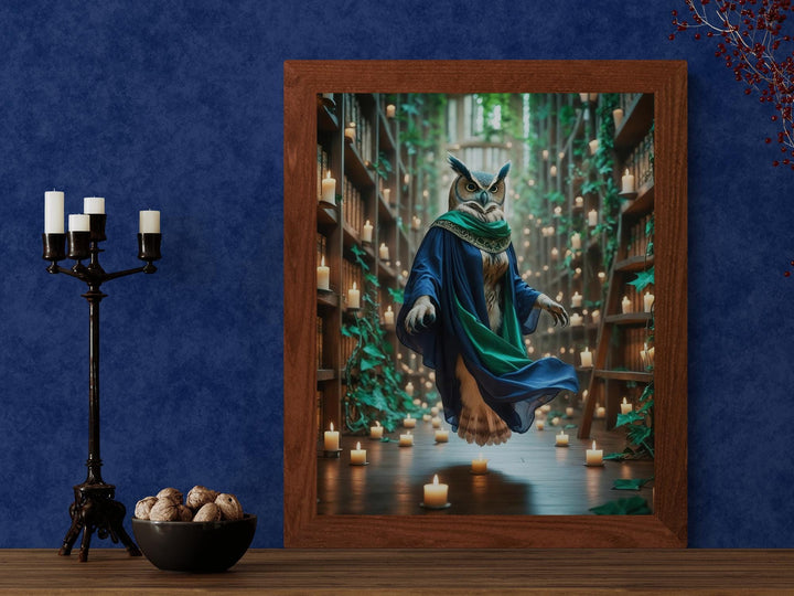 Mystical Owl canvas print of magical owl in robes floating amongst library shelves filled with burning candles.