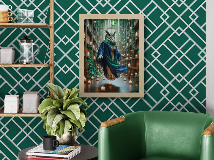 Mystical Owl canvas print of magical owl in robes floating amongst library shelves filled with burning candles.