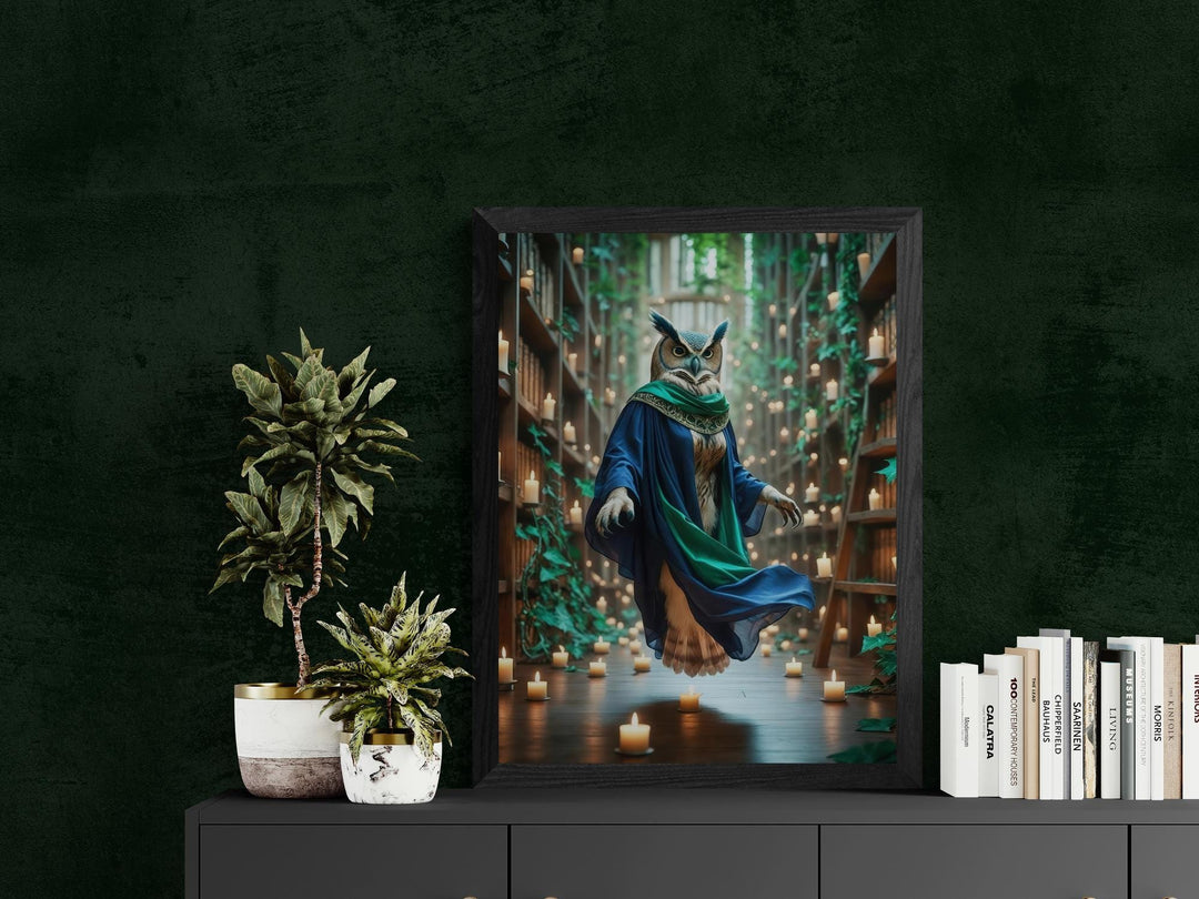 Mystical Owl canvas print of magical owl in robes floating amongst library shelves filled with burning candles.