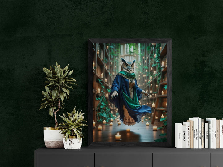 Mystical Owl canvas print of magical owl in robes floating amongst library shelves filled with burning candles.