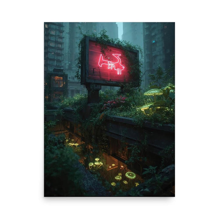 Cyberpunk Overgrown Rooftop Poster – Neon Billboards, Biotech Vines & Glowing Fungi – Futuristic Sci-Fi Wall Art Print
