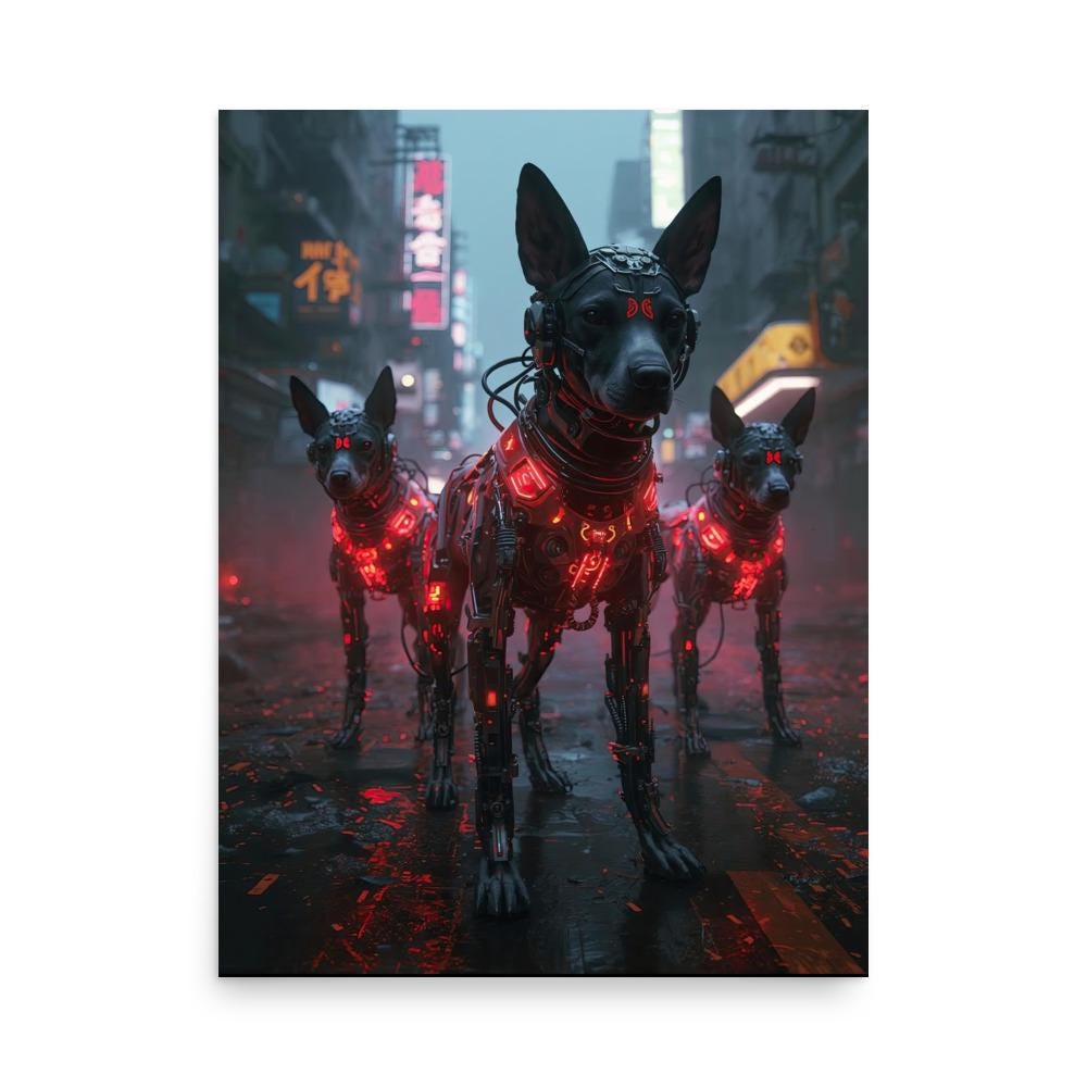 Cyberpunk Street Dogs Poster – Neon Haze Wall Art, Futuristic Sci-Fi Urban Aesthetic