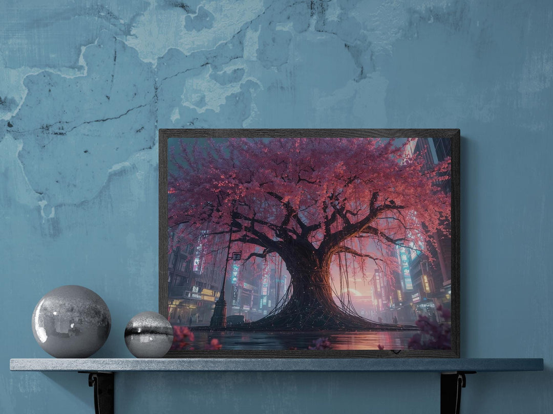 Large cyberpunk cherry blossom canvas print on shelf in modern living room, neon sakura tree artwork for futuristic home decor