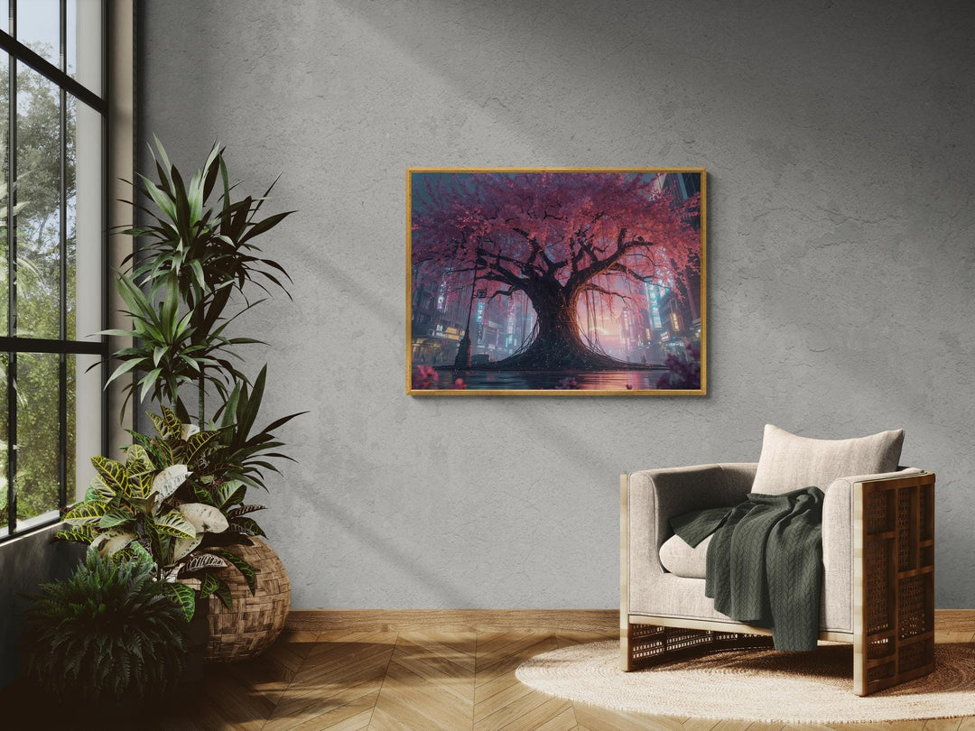 Large cyberpunk cherry blossom canvas print hanging in modern living room, neon sakura tree artwork for futuristic home decor