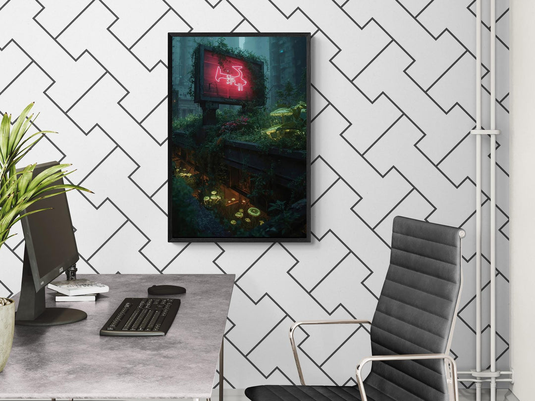 Overgrown Rooftop Cyberpunk Landscape Poster : Futuristic Sci-Fi Wall Art Print