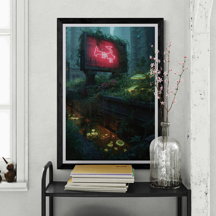 Overgrown Rooftop Cyberpunk Landscape Poster : Futuristic Sci-Fi Wall Art Print