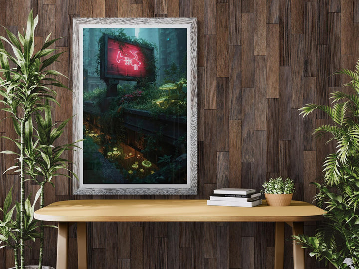 Overgrown Rooftop Cyberpunk Landscape Poster : Futuristic Sci-Fi Wall Art Print