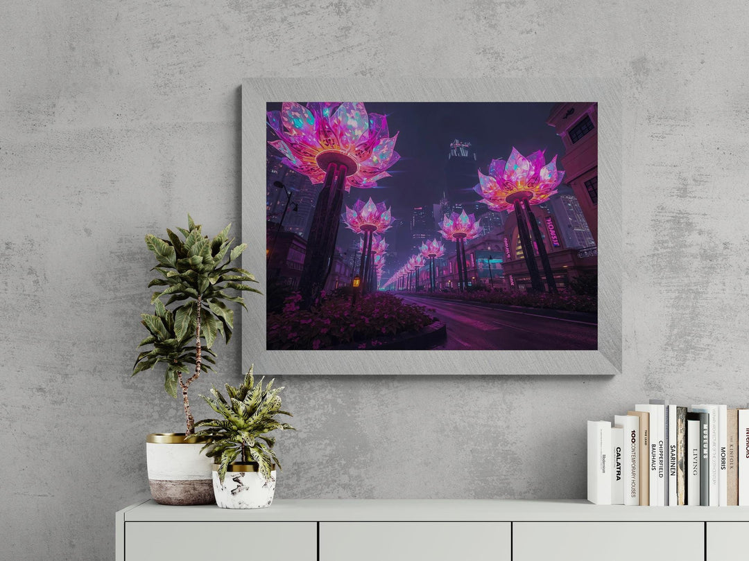A surreal futuristic boulevard illuminated by enormous lotus-shaped neon light sculptures, glowing in radiant pink and purple hues against a skyline of tall city buildings and misty nighttime atmosphere.