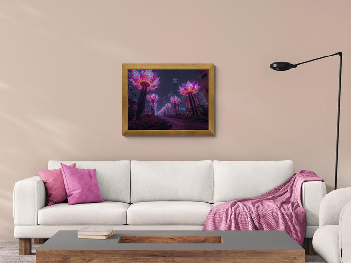 A futuristic city street lined with giant glowing lotus-shaped lights in pink and purple neon tones.