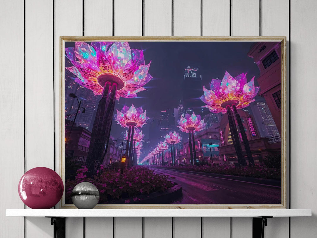 A surreal futuristic boulevard illuminated by enormous lotus-shaped neon light sculptures, glowing in radiant pink and purple hues against a skyline of tall city buildings and misty nighttime atmosphere.