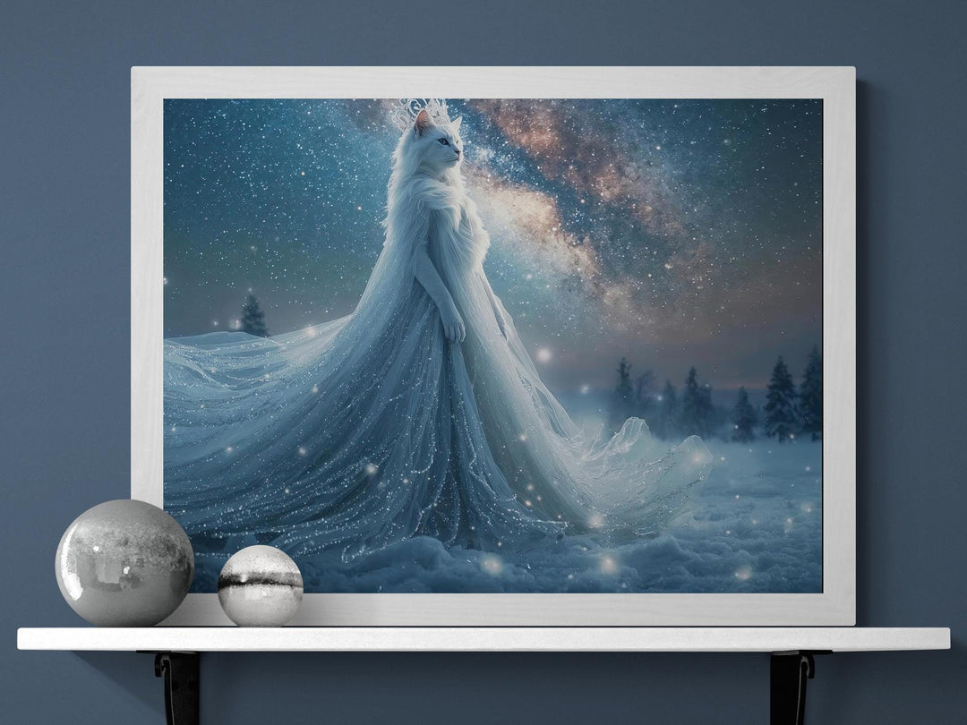 Winter cat goddess in a glowing gown under a starry sky.