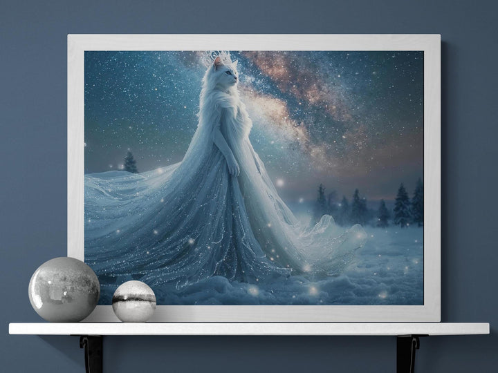 Winter cat goddess in a glowing gown under a starry sky.