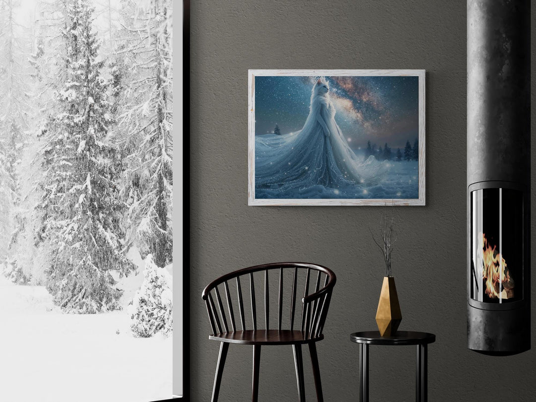 Anthropomorphic cat goddess in a flowing icy gown standing in snowy landscape beneath a bright galaxy-filled sky.