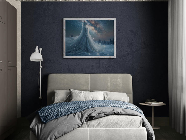 Anthropomorphic cat goddess in a flowing icy gown standing in snowy landscape beneath a bright galaxy-filled sky.