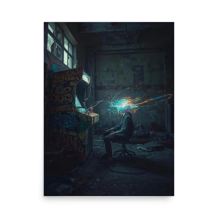Cyberpunk netrunner poster of a hacker at a graffiti-covered arcade machine with neon digital explosion, dystopian sci-fi wall art