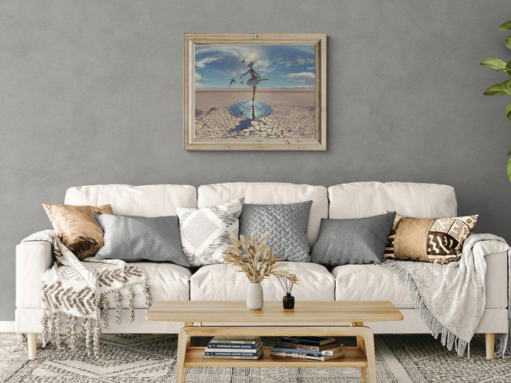 Large horizontal deer ballerina canvas displayed above sofa, surreal fantasy wall art décor