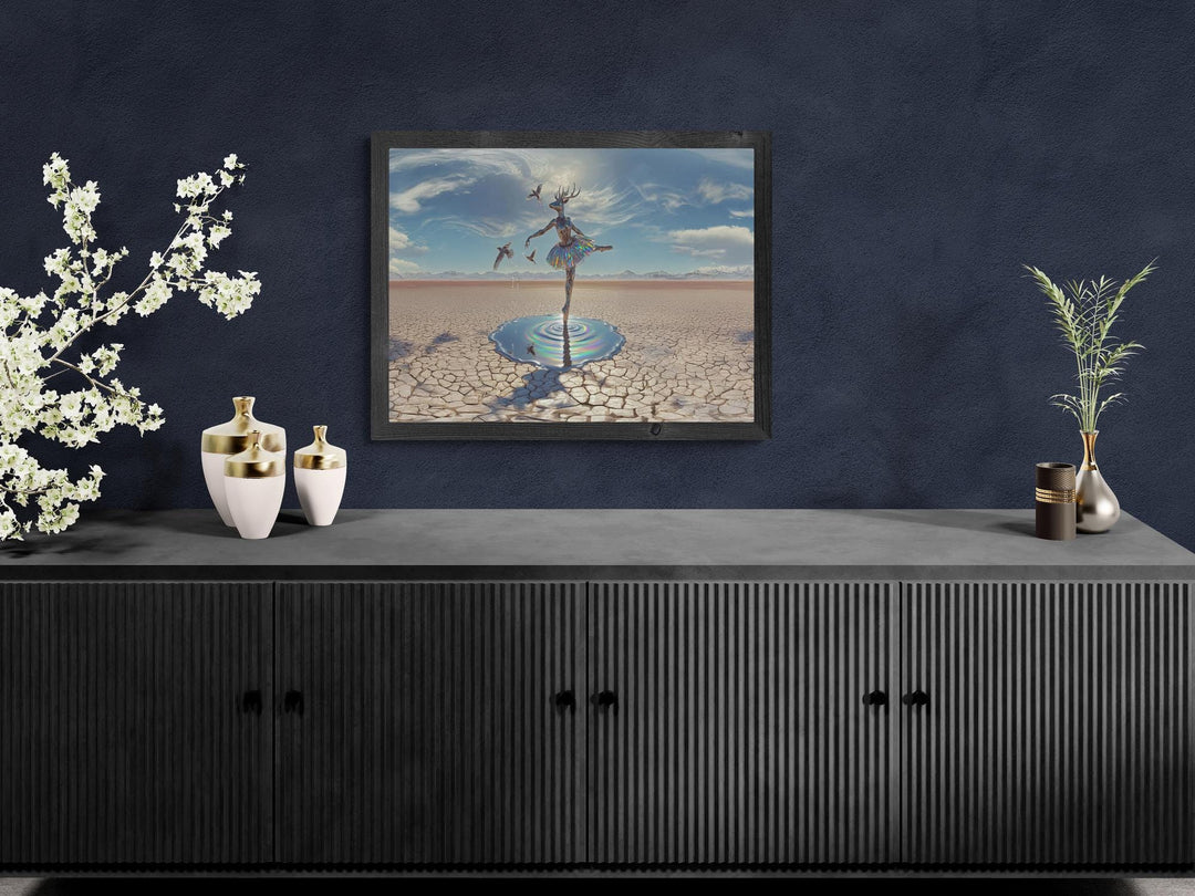 Horizontal deer ballerina canvas wall art, surreal fantasy dance print with dreamlike details.