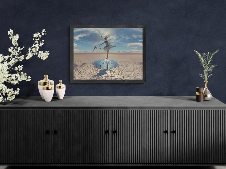 Horizontal deer ballerina canvas wall art, surreal fantasy dance print with dreamlike details.