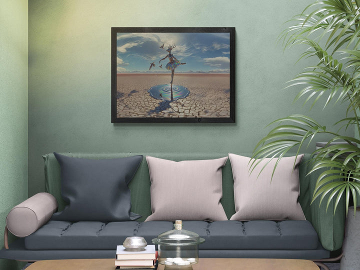 Large horizontal deer ballerina canvas displayed above sofa, surreal fantasy wall art décor