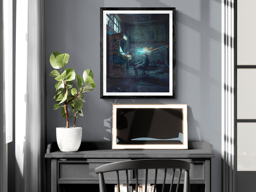 Cyberpunk netrunner poster of a hacker at a graffiti-covered arcade machine with neon digital explosion, dystopian sci-fi wall art