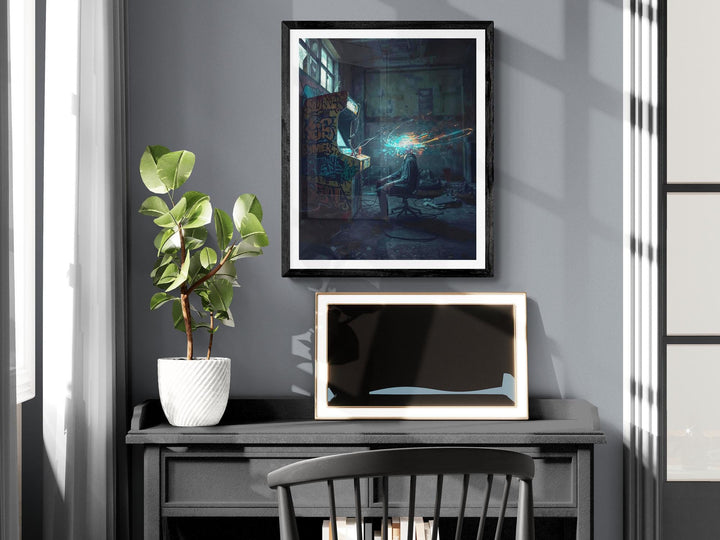 Cyberpunk netrunner poster of a hacker at a graffiti-covered arcade machine with neon digital explosion, dystopian sci-fi wall art