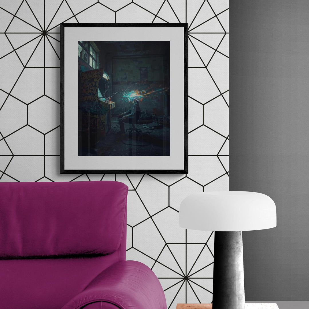 Cyberpunk netrunner poster of a hacker at a graffiti-covered arcade machine with neon digital explosion, dystopian sci-fi wall art