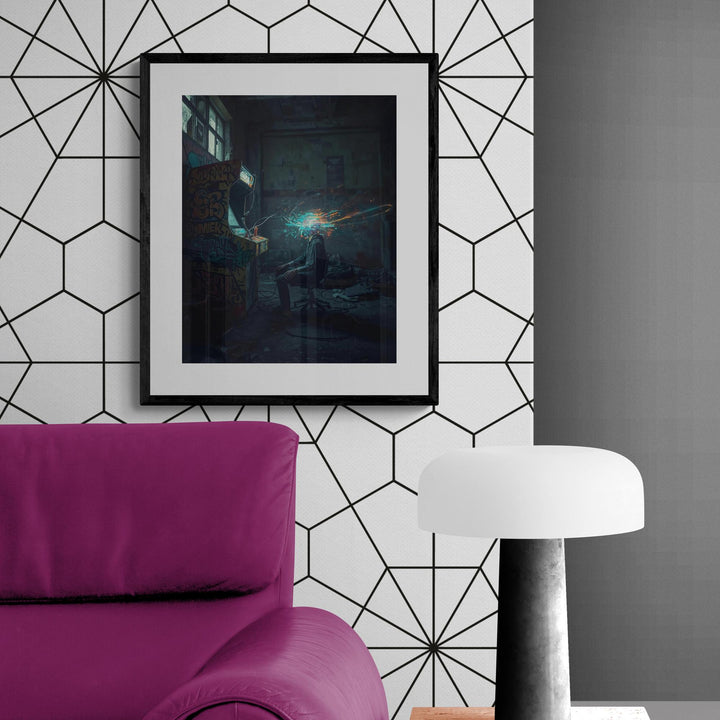 Cyberpunk netrunner poster of a hacker at a graffiti-covered arcade machine with neon digital explosion, dystopian sci-fi wall art