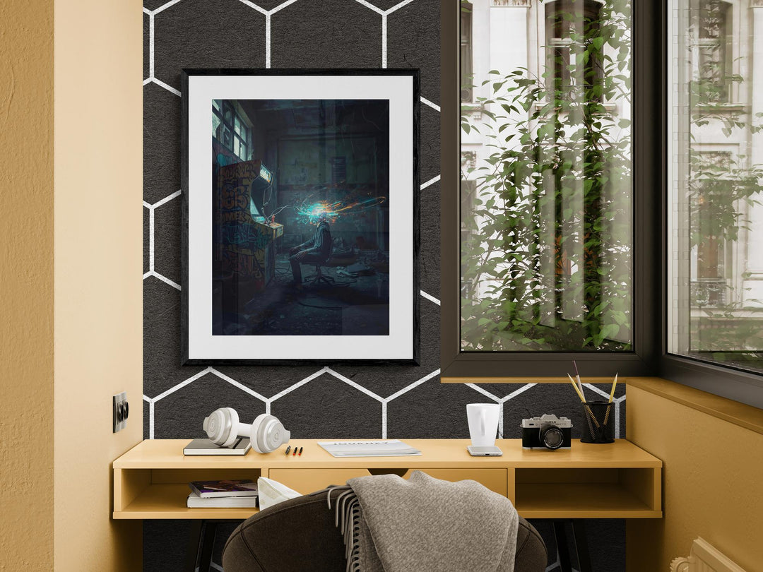 Cyberpunk netrunner poster of a hacker at a graffiti-covered arcade machine with neon digital explosion, dystopian sci-fi wall art