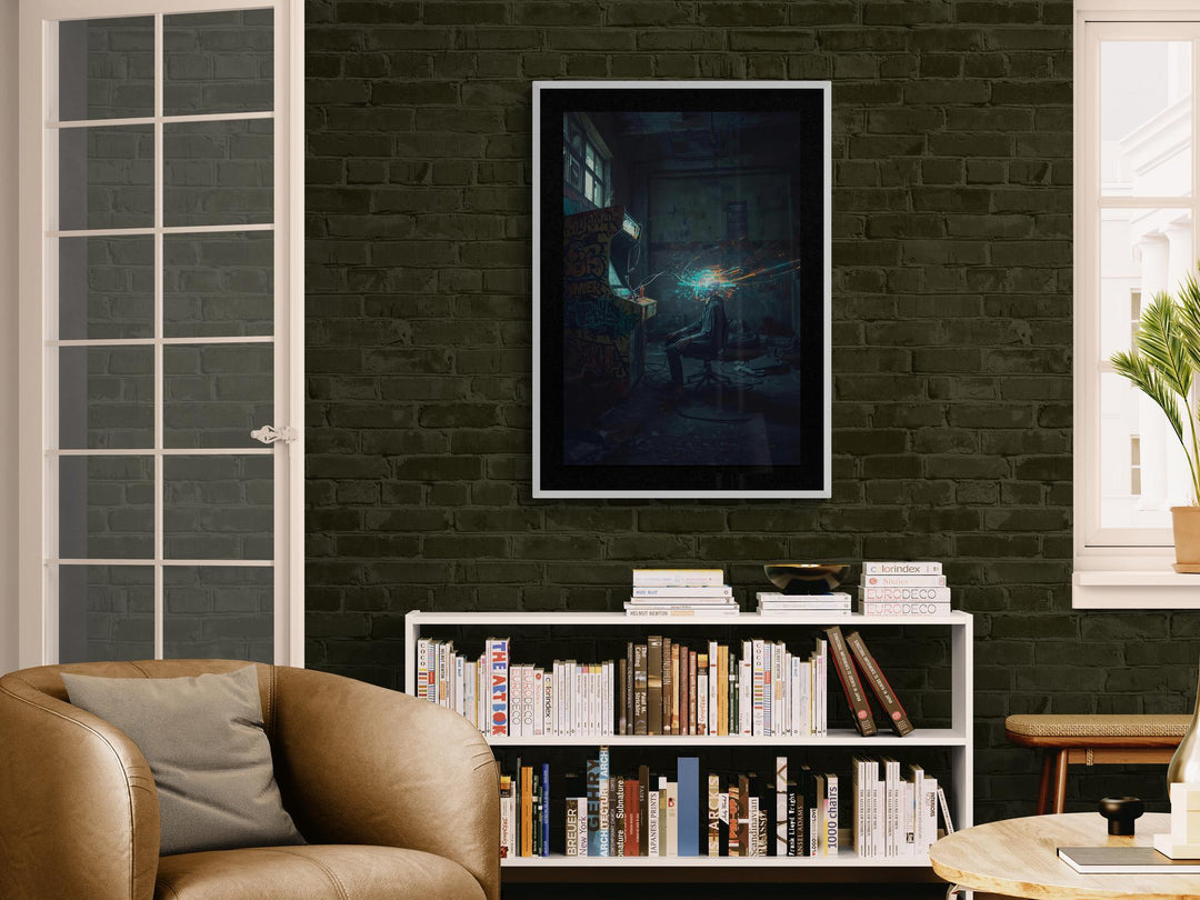 Cyberpunk netrunner poster of a hacker at a graffiti-covered arcade machine with neon digital explosion, dystopian sci-fi wall art