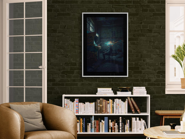 Cyberpunk netrunner poster of a hacker at a graffiti-covered arcade machine with neon digital explosion, dystopian sci-fi wall art