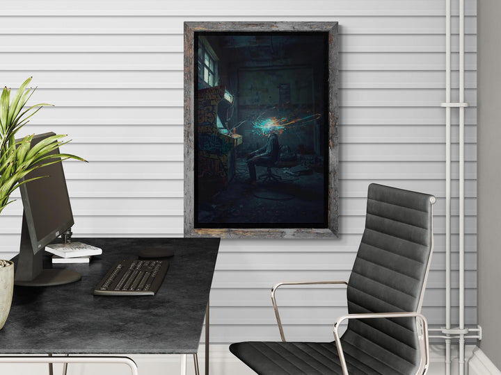 Cyberpunk netrunner poster of a hacker at a graffiti-covered arcade machine with neon digital explosion, dystopian sci-fi wall art