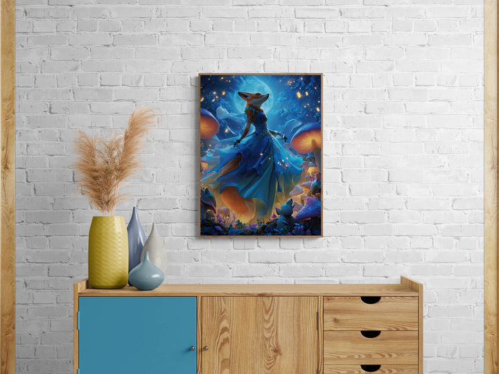 Fantasy fox princess in flowing blue gown under moonlight, glowing mushrooms and enchanted forest scene on canvas wall art