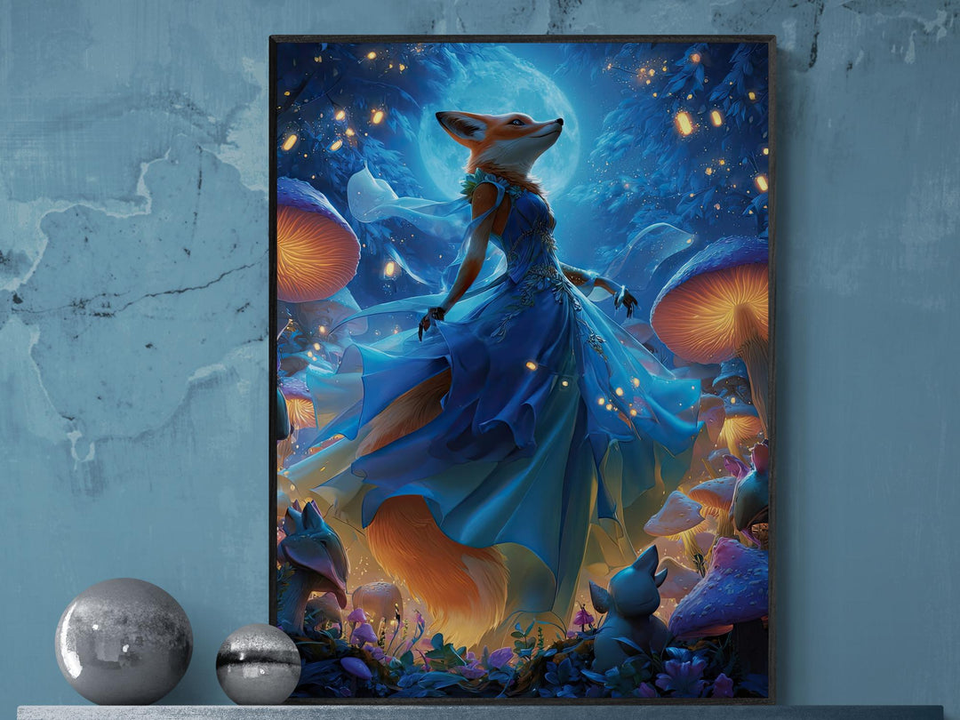 Fantasy fox princess in flowing blue gown under moonlight, glowing mushrooms and enchanted forest scene on canvas wall art