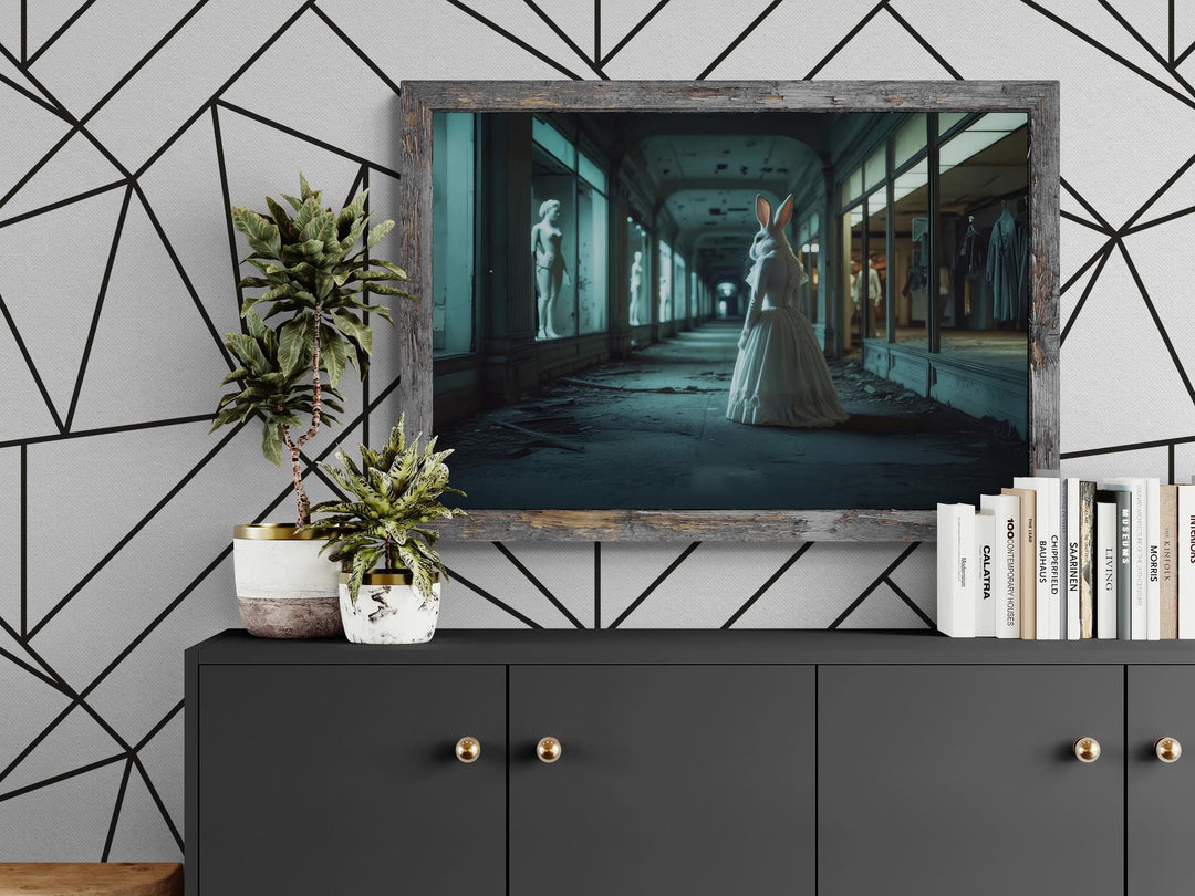 Surreal poster of white rabbit in vintage dress standing in abandoned hallway with mannequins, weirdcore dreamlike wall art