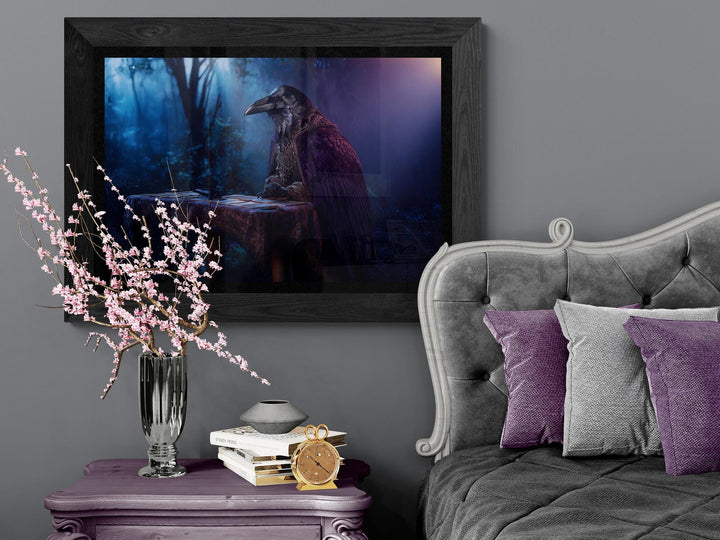 Raven in ornate cloak reading tarot cards at a table in moonlit forest, mystical dark fantasy poster wall art