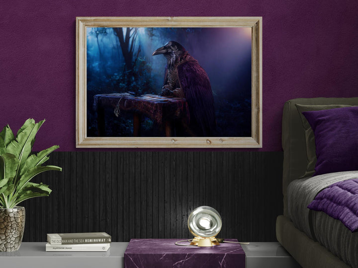 Raven in ornate cloak reading tarot cards at a table in moonlit forest, mystical dark fantasy poster wall art