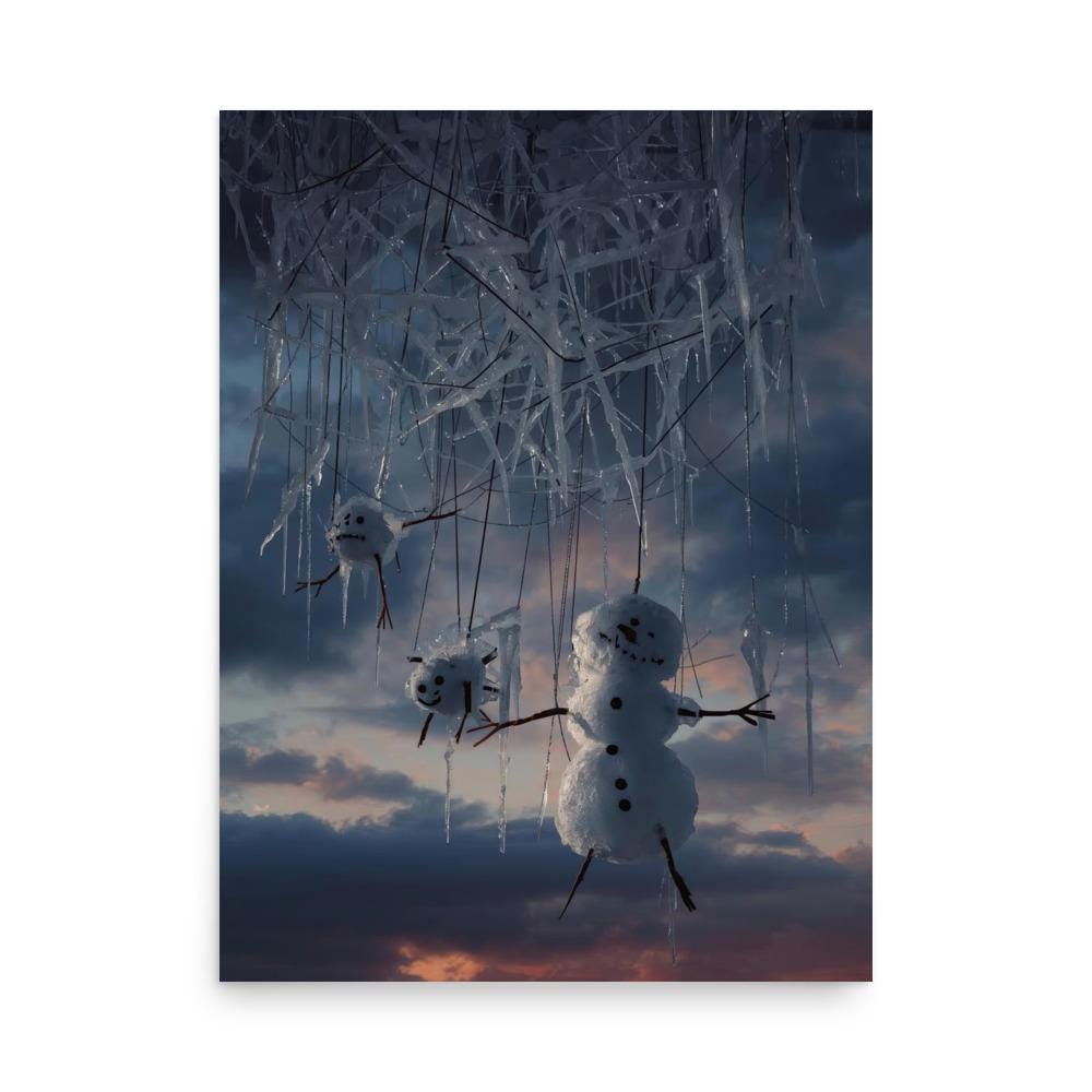 Surreal winter artwork of three snowmen hanging like marionettes from icicles against a dramatic twilight sky. Weirdcore, creepy-cute holiday poster with eerie frozen details, perfect for alternative winter and Christmas wall art.